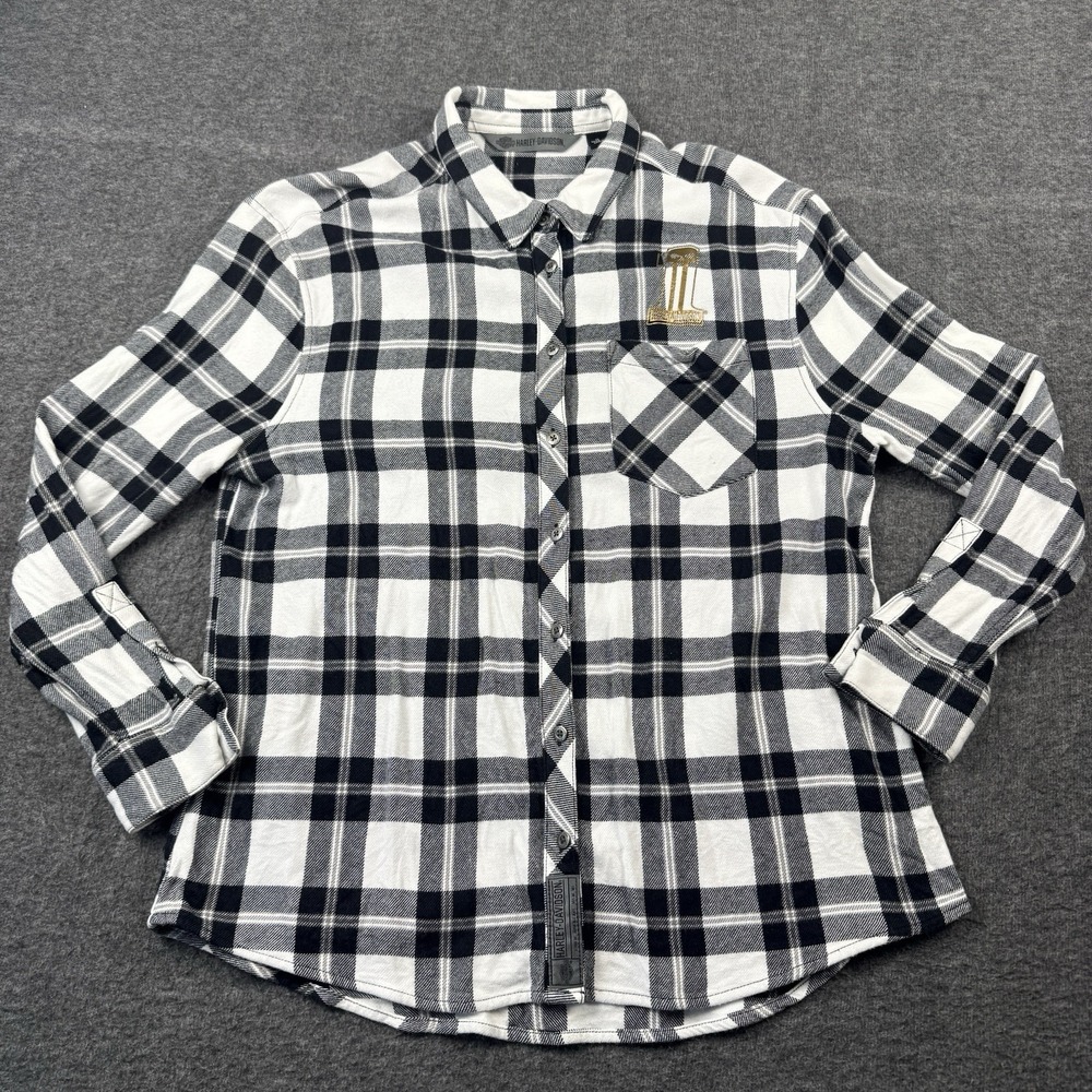 Harley Davidson Flannel Shirt Womens XL Black Buffalo Plaid Motorcycle #1 Biker